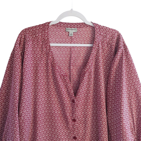 CATHERINES Button Up Blouse Womens 4X Red Geometric Georgette Tie 3/4 Sleeve - Picture 5 of 13